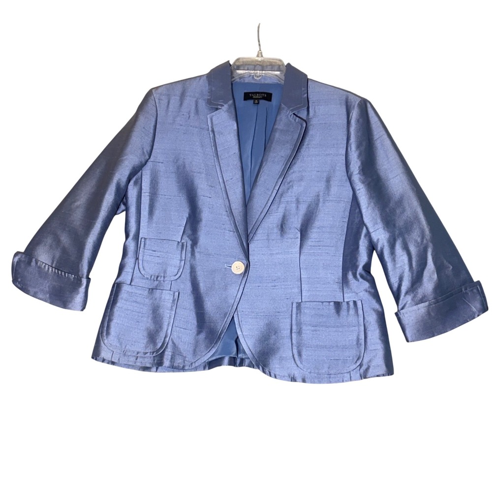 Talbots Jacket Womens 16 Light Blue Silk Wool Blend Blazer Dressy 3/4 Sleeves